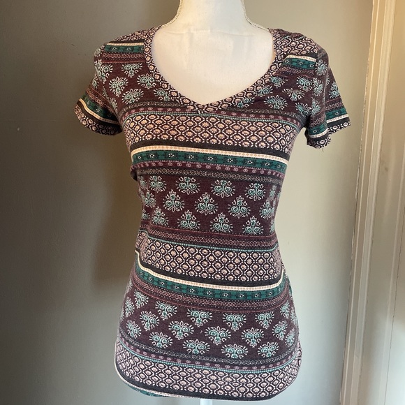 Purple and Green Tribal V-Neck Tee - Picture 1 of 3